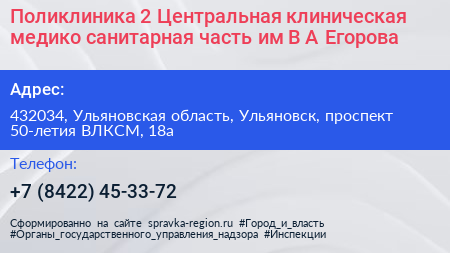 Поликлиника 2 Центральная клиническая медико санитарная часть им В А Егорова - визитка