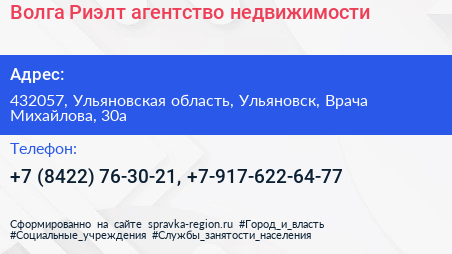 Волга Риэлт агентство недвижимости - визитка