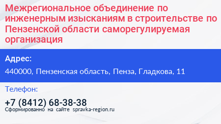 Межрегиональное объединение по инженерным изысканиям в строительстве по Пензенской области саморегулируемая организация - визитка