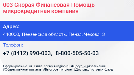 003 Скорая Финансовая Помощь микрокредитная компания - визитка