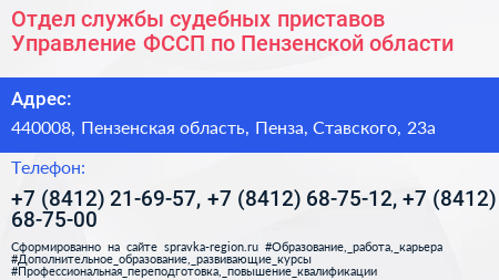 Отдел службы судебных приставов Управление ФССП по Пензенской области - визитка