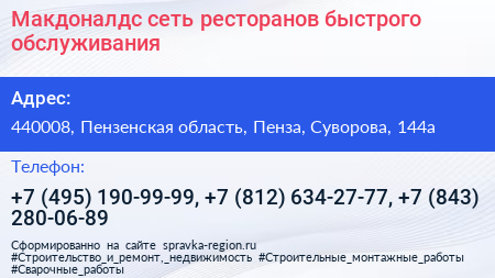 Макдоналдс сеть ресторанов быстрого обслуживания - визитка