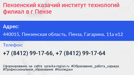 Пензенский казачий институт технологий филиал в г Пензе - визитка