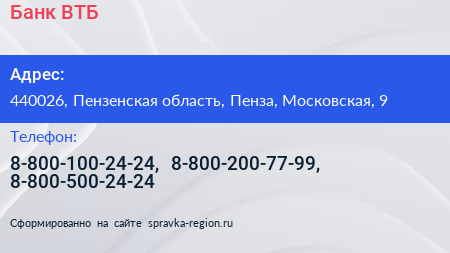 Банк ВТБ - визитка