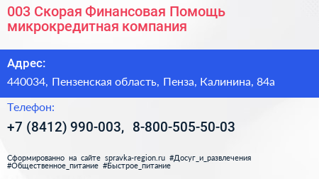 003 Скорая Финансовая Помощь микрокредитная компания - визитка