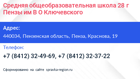 Средняя общеобразовательная школа 28 г Пензы им В О Ключевского - визитка