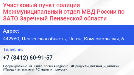 Участковый пункт полиции Межмуниципальный отдел МВД России по ЗАТО Заречный Пензенской области - визитка