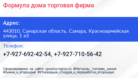 Формула дома торговая фирма - визитка