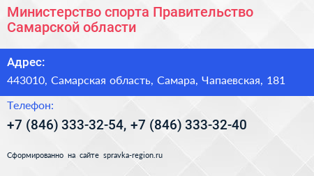 Министерство спорта Правительство Самарской области - визитка