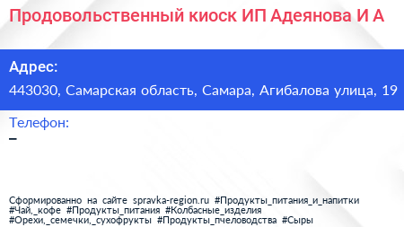 Продовольственный киоск ИП Адеянова И А  - визитка