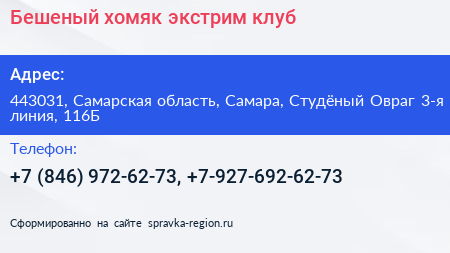 Бешеный хомяк экстрим клуб - визитка