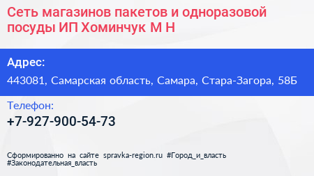 Сеть магазинов пакетов и одноразовой посуды ИП Хоминчук М Н  - визитка