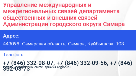 Управление международных и межрегиональных связей департамента общественных и внешних связей Администрации городского округа Самара - визитка