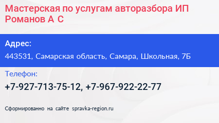 Мастерская по услугам авторазбора ИП Романов А С  - визитка
