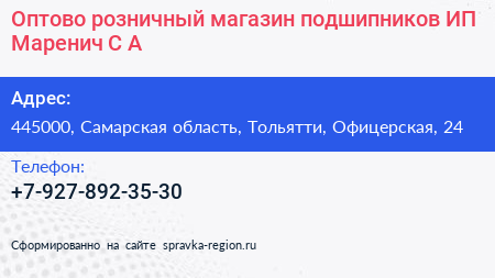 Оптово розничный магазин подшипников ИП Маренич С А  - визитка