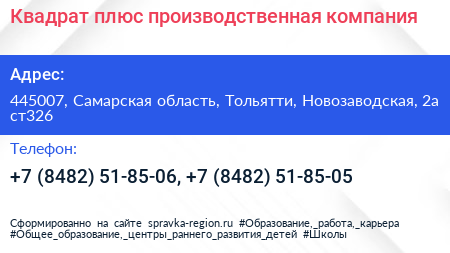 Квадрат плюс производственная компания - визитка