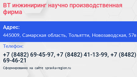 ВТ инжиниринг научно производственная фирма - визитка