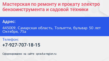 Мастерская по ремонту и прокату электро бензоинструмента и садовой техники - визитка