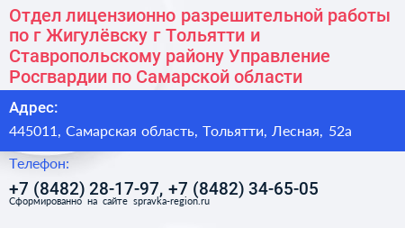 Отдел лицензионно разрешительной работы по г Жигулёвску г Тольятти и Ставропольскому району Управление Росгвардии по Самарской области - визитка