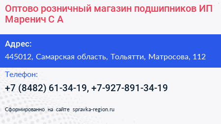 Оптово розничный магазин подшипников ИП Маренич С А  - визитка
