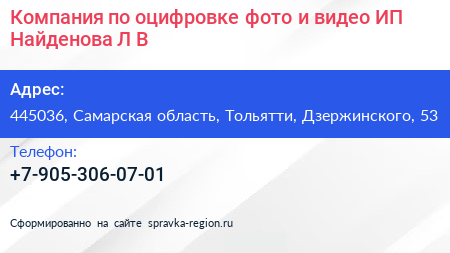 Компания по оцифровке фото и видео ИП Найденова Л В  - визитка