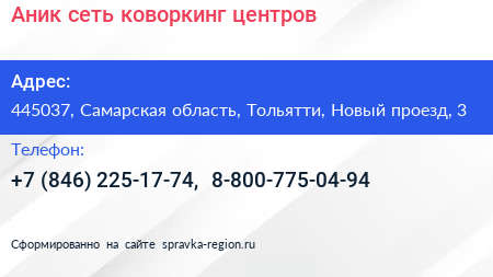 Аник сеть коворкинг центров - визитка