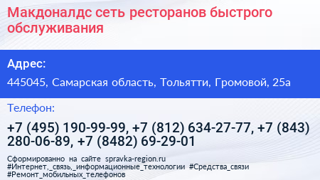 Макдоналдс сеть ресторанов быстрого обслуживания - визитка