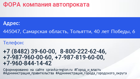 ФОРА компания автопроката - визитка