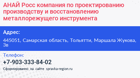 АНАЙ Росс компания по проектированию производству и восстановлению металлорежущего инструмента - визитка