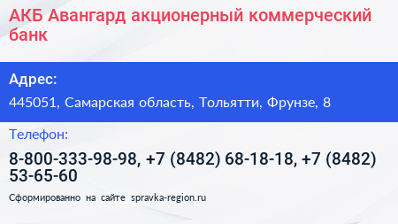 АКБ Авангард акционерный коммерческий банк - визитка