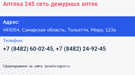 Аптека 245 сеть дежурных аптек - визитка