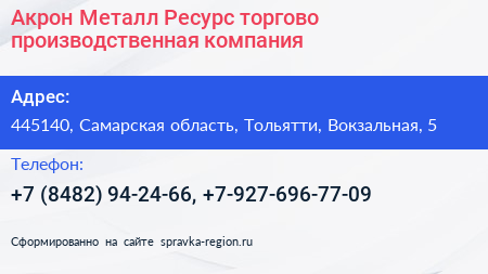 Акрон Металл Ресурс торгово производственная компания - визитка
