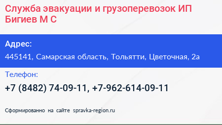 Служба эвакуации и грузоперевозок ИП Бигиев М С  - визитка