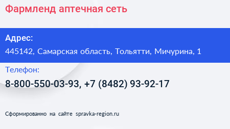 Фармленд аптечная сеть - визитка