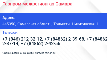 Газпром межрегионгаз Самара - визитка
