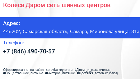 Колеса Даром сеть шинных центров - визитка