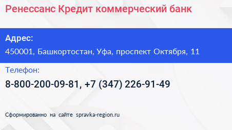 Ренессанс Кредит коммерческий банк - визитка