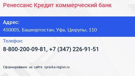 Ренессанс Кредит коммерческий банк - визитка