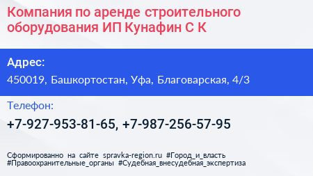 Компания по аренде строительного оборудования ИП Кунафин С К  - визитка
