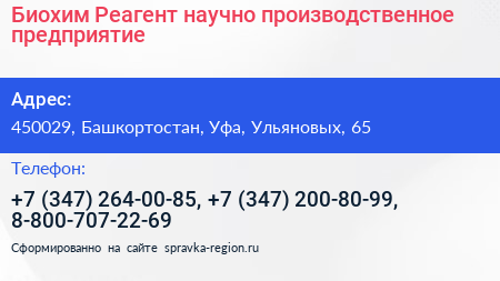 Биохим Реагент научно производственное предприятие - визитка