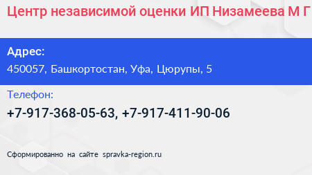 Центр независимой оценки ИП Низамеева М Г  - визитка
