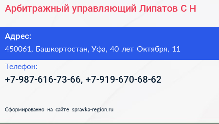 Арбитражный управляющий Липатов С Н  - визитка