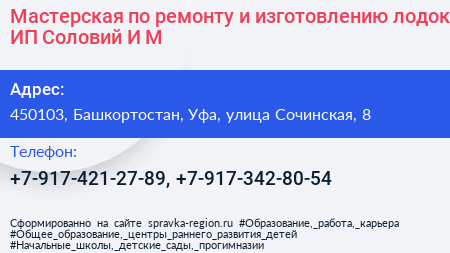 Мастерская по ремонту и изготовлению лодок ИП Соловий И М  - визитка