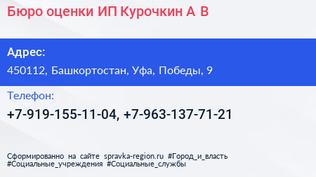 Бюро оценки ИП Курочкин А В  - визитка