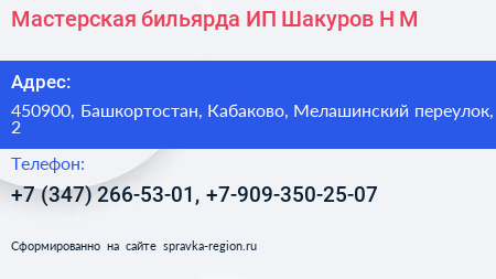 Мастерская бильярда ИП Шакуров Н М  - визитка