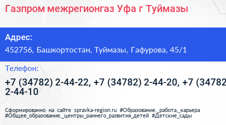 Газпром межрегионгаз Уфа г Туймазы - визитка