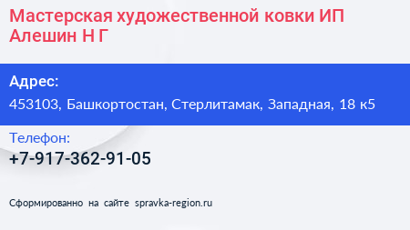Мастерская художественной ковки ИП Алешин Н Г  - визитка