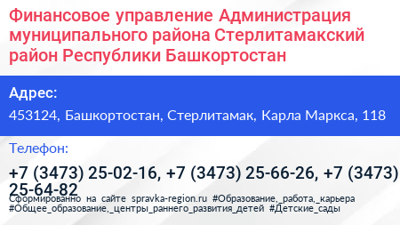 Финансовое управление Администрация муниципального района Стерлитамакский район Республики Башкортостан - визитка