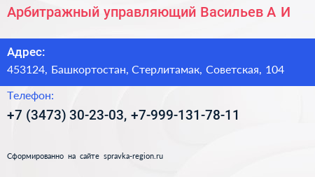 Арбитражный управляющий Васильев А И  - визитка
