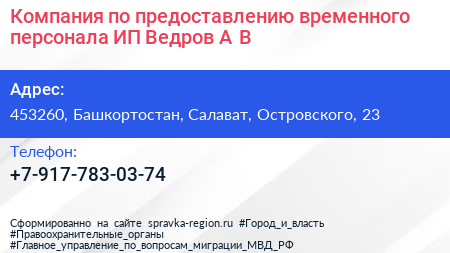 Компания по предоставлению временного персонала ИП Ведров А В  - визитка